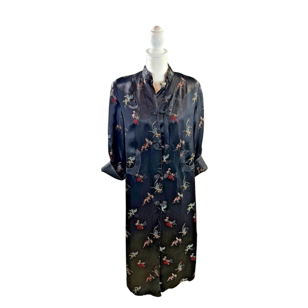 Vintage Asian Black Satin Embroidered Robe Size 8/10